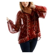Lucky Brand Womens Floral Tie Neck Peasant Top